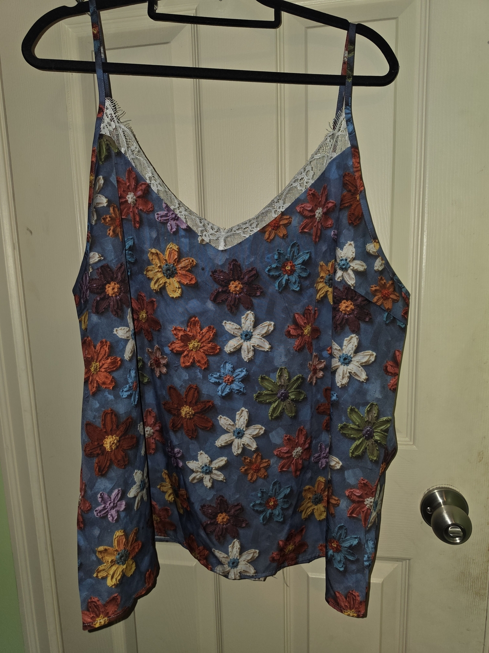 Floral Printed Faux Embroidered Blue Lace-Trim Cami Top